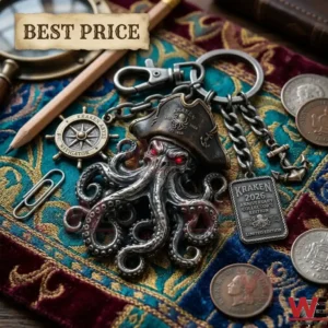Detailed silver kraken keychain wearing a pirate hat surrounded by nautical themed items and coins!