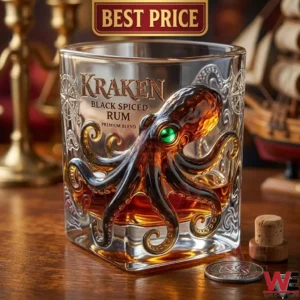 Intricate octopus themed glass filled with dark rum on a wooden table!