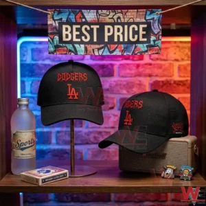 LA Dodgers x Stray Kids Merch Dominate World Tour New Jersey 8 Black baseball caps with red Dodgers embroidery displayed on a shelf with a radio and decorative items!