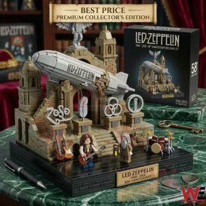 Detailed brick model celebrating the fifty eighth anniversary of Led Zeppelin with a blimp and musician figures!