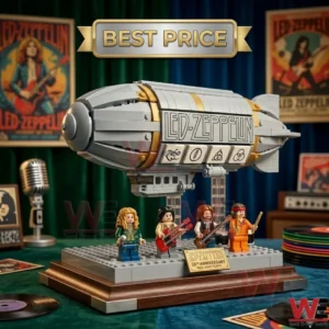 Close up of a rock legacy zeppelin building set with minifigures on a wooden display stand!