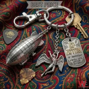 Silver rock band anniversary keychain with airship and angel charms!