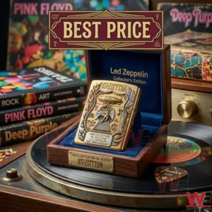 Close up shot of a gold Led Zeppelin anniversary lighter in a wooden display box!