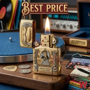 An open gold lighter with a flame featuring Led Zeppelin symbols and anniversary text!