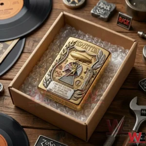 Top view of a gold Led Zeppelin lighter inside a cardboard box with bubble wrap!