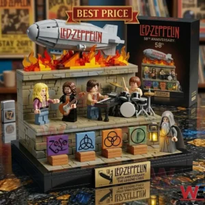 Brick model of a rock band on stage with a symbolic airship and fire effects!