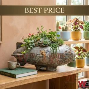 Ceramic airship planter with rock band graphics containing diverse succulent plants on a wooden shelf!