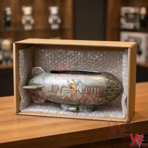 Led Zeppelin Airship Planter 3 Top view of a collectible ceramic airship planter being shipped in a cardboard box with protective bubble wrap!