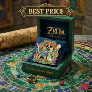 A commemorative Zelda anniversary pin featuring Link and Zelda in a green display box on a mosaic table with gems and a map!