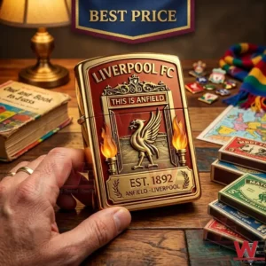 Gold Liverpool FC lighter held in a hand!