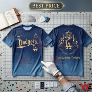 Front and back of a blue sports t shirt with gold Harry Potter and Dodgers logos on a cutting mat.