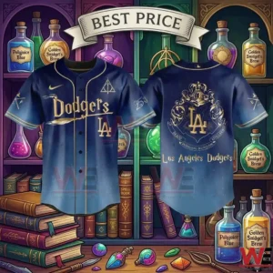 Two gradient blue baseball jerseys with golden Harry Potter and Los Angeles Dodgers logos in a room filled with magic potions.