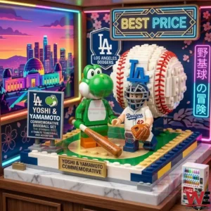 A commemorative baseball building block set with a dinosaur and a player on a decorative base with a city skyline backdrop!