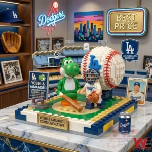A sports collectible building block display featuring a green character and a baseball player surrounded by equipment and cards!