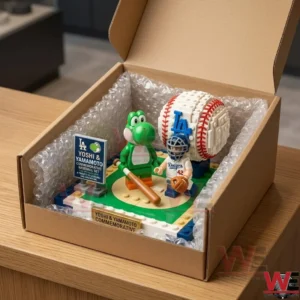 A baseball themed building block display set inside a cardboard shipping box with bubble wrap protection!