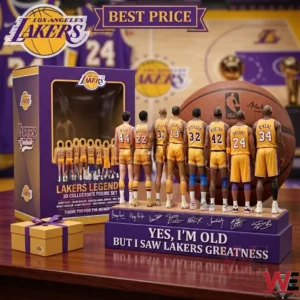 A detailed lineup of Lakers legend figurines on a signed display base with a team themed collector box!