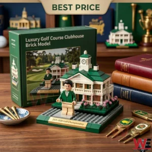 A miniature brick model of a golf clubhouse with a green roof and a clock tower presented on a table with its packaging and golf themed items!