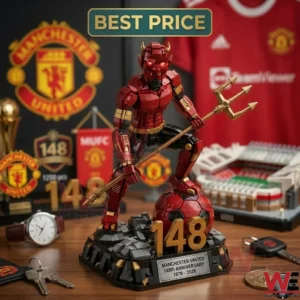 Manchester United one hundred forty eighth anniversary building block mascot figure on a display stand!