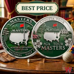 Close up shot of two detailed silver golf coins with green and red enamel designs for the Masters tournament!