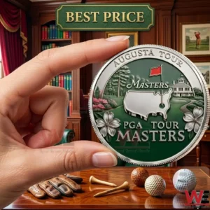 Close up view of a silver and green golf coin held between a person's thumb and index finger!