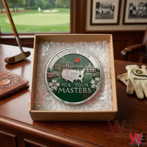 Detailed overhead view of a PGA Tour Masters golf coin inside its original cardboard shipping container!