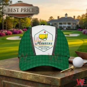 A green and white golf cap with a map and flag logo sitting on a table with a golf ball and tee!