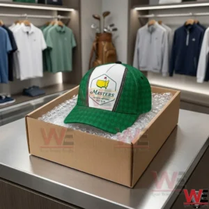 A green and white golf cap with a tournament logo resting on bubble wrap inside an open cardboard box in a store setting!