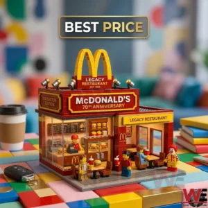 A detailed brick built fast food restaurant model with miniature people and burgers on a colorful background!