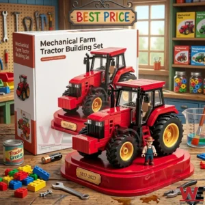 A red toy tractor model sits on a commemorative red base alongside a farmer figurine and the original packaging on a cluttered wooden workbench!