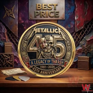 Front view of a gold Metallica 45th anniversary coin with a skull and mask design!