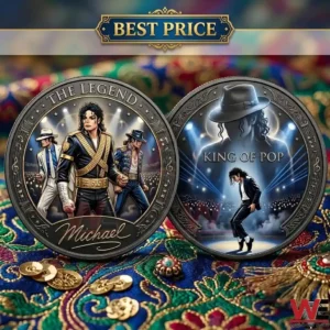 Two sides of a Michael Jackson tribute coin displayed on a decorative cloth!