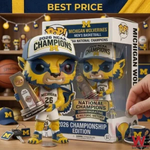 Michigan mascot figure with a championship trophy and its retail box!
