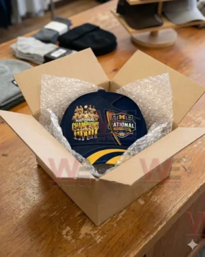 Michigan championship baseball cap inside a cardboard box with bubble wrap on a wooden counter!