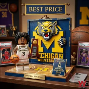 A Michigan Wolverines basketball victory building set with a player figure and trophy on a desk!