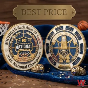 Commemorative Michigan national champions coins and rings on blue velvet!