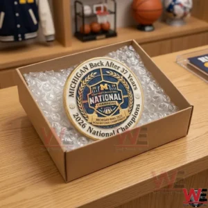 Michigan Wolverines 2026 National Champions Coin 5 A championship coin protected by bubble wrap inside a cardboard box!