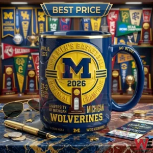 A commemorative sports mug in front of a wall of team pennants!