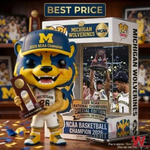 Detailed collectible figure of a Michigan Wolverines mascot in a basketball uniform with a trophy.