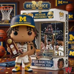 Detailed collectible figure of a Michigan Wolverines basketball player with braided hair and a trophy.