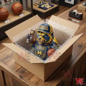 Detailed Michigan Wolverine mascot figure nestled in bubble wrap inside a cardboard box for protection.