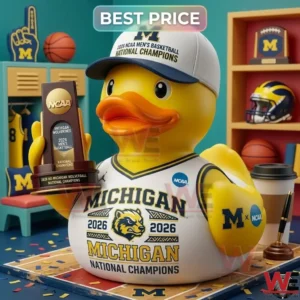 Yellow rubber duck in a michigan jersey and hat on a basketball court!