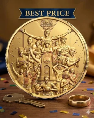 A gold commemorative coin with 3D reliefs of a basketball team and trophy standing on a wooden desk with a key and ring.