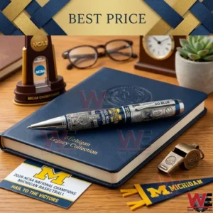 A gold and blue commemorative pen in a box with bubble wrap on a wooden table with a price tag!