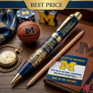 A silver and blue championship pen on a blue notebook with sports accessories!