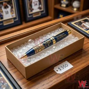 A commemorative blue and gold pen on a leather notebook with a pocket watch and sports tokens!