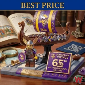 Minnesota Vikings 65th anniversary collector building set displayed in a brown box with bubble wrap and nautical accessories!