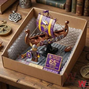Close up of a Minnesota Vikings themed building block ship and warrior figure with football and historical accessories!