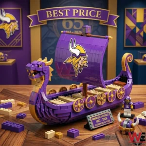 Purple and gold toy viking longship made of bricks with a team logo on the sail!