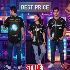 Custom black baseball jerseys with sports team logos and music tour graphics in a retro arcade!