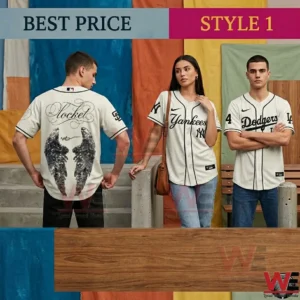 Three people in white baseball jerseys with various team logos and a large wing design on the back of one jersey.